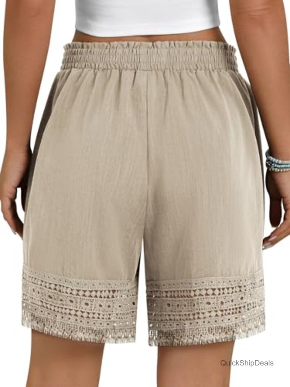 Casual Elastic Waist Lace Trim Linen Ruffle Shorts - Picture 5 of 7